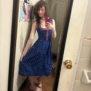 EUS HANDMADE BLUE Polka Dot Dress with Pink Lacing